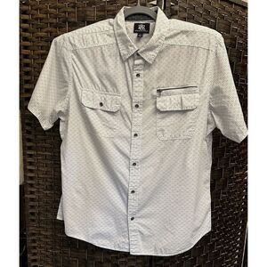 Rock & Republic Zip Pocket Short Sleeve White Gray Button Up Mens Size XL